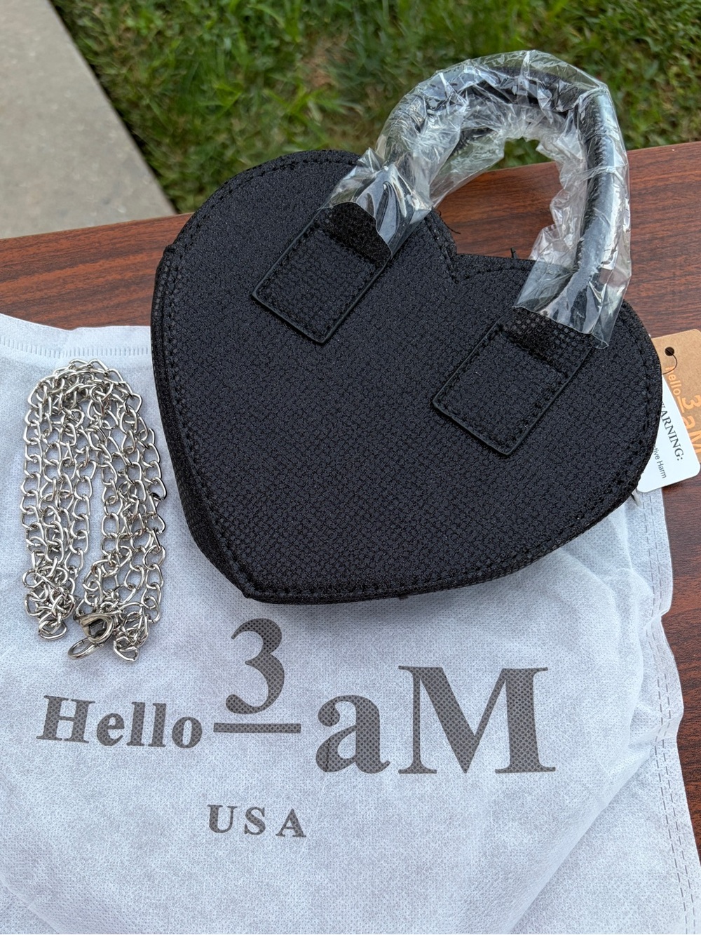Hello 3AM Black Heart Shaped Mini Handbag Crossbody Silver Chain NWT